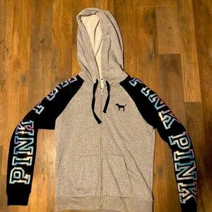 Gray and Black Zip-Up Hoodie with Colorful PINK Logo